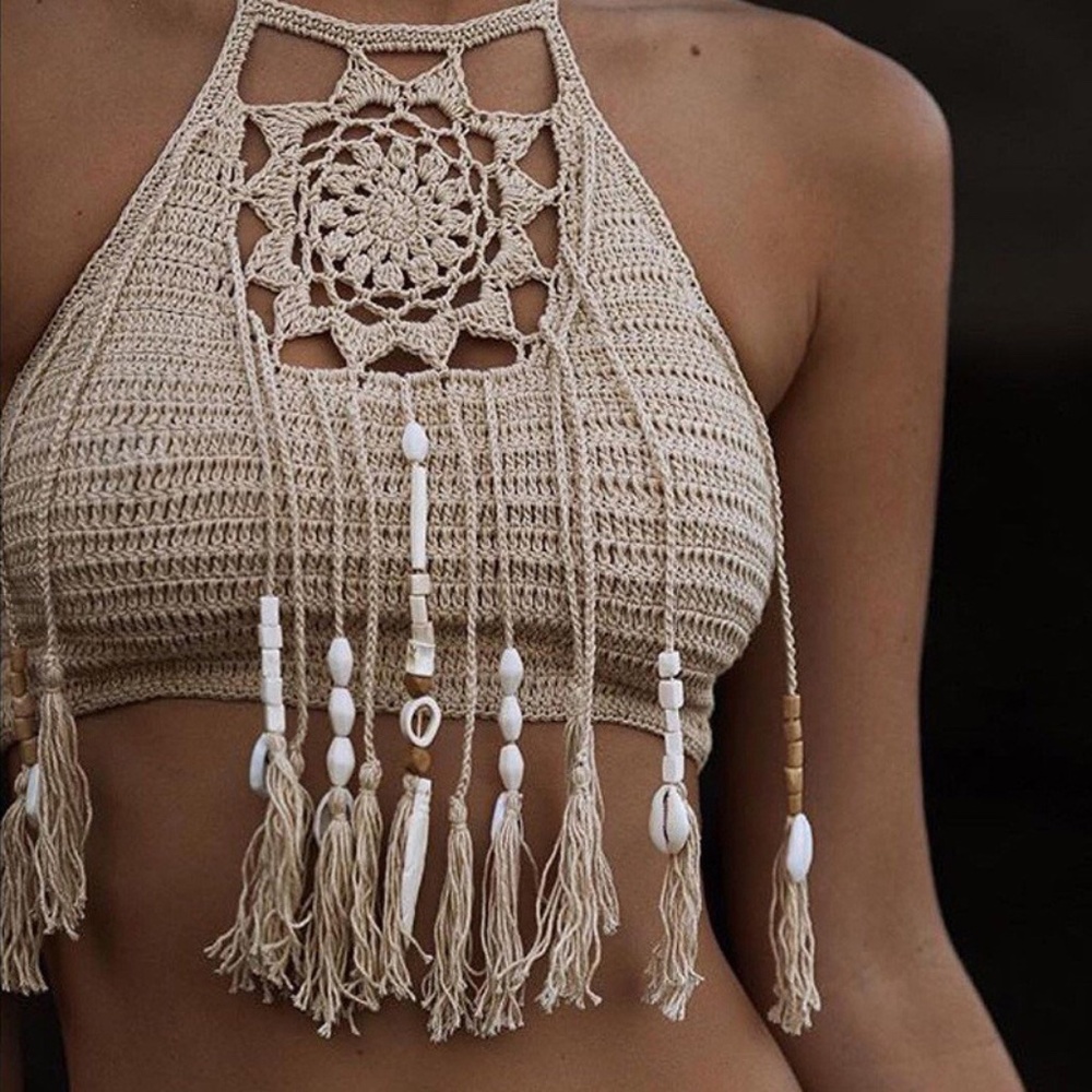 Bohemian Crochet Tassel Beaded Floral Crop Top - Picture 1 of 16
